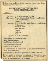 Overlijdensbericht H. Westra van Holthe-MG (1976)